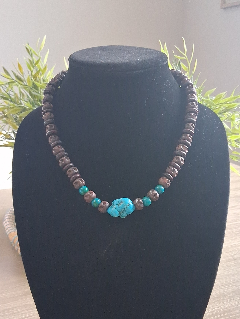 Turquoise and Brown Beaded Statement Tribal-Style Necklace